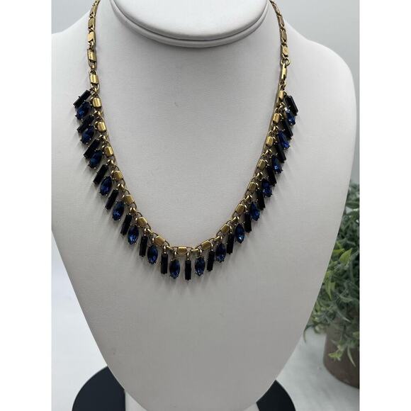 J. Crew Brilliant Blue Marquise Rectangular Dangles Gold Tone Necklace - Picture 1 of 16